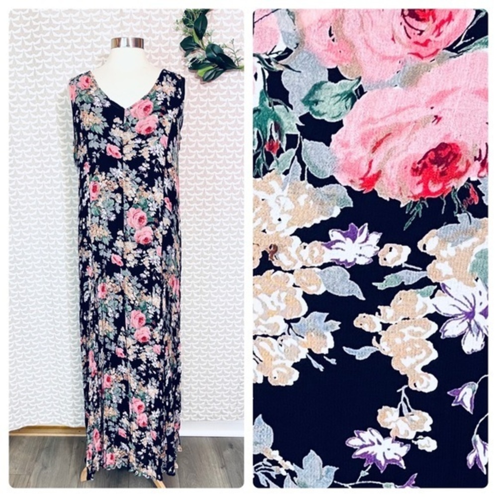 Vtg 90s Cottagecore Floral Chiffon Maxi Dress Boho Newport News
